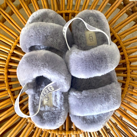 UGG Shoes - UGG Oh Yeah Slingback Gray Logo Strap Shearling Slippers Size 7
